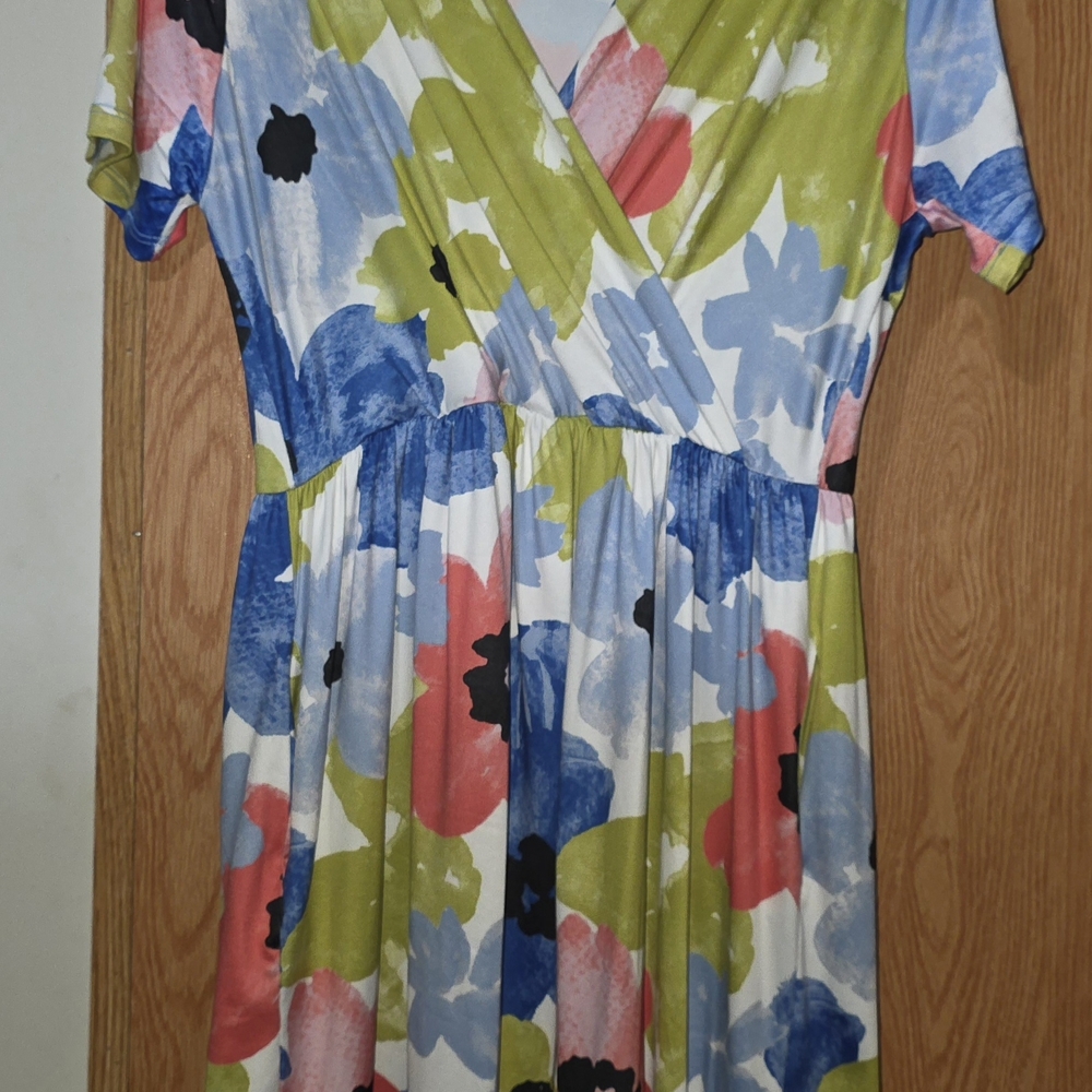 LuLaRoe Floral Faux-Wrap Midi Dress in Blue, Green & Coral, NWOT